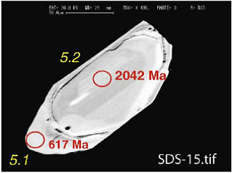 Zircon en cathodoluminescence avec auréole de métamorphisme